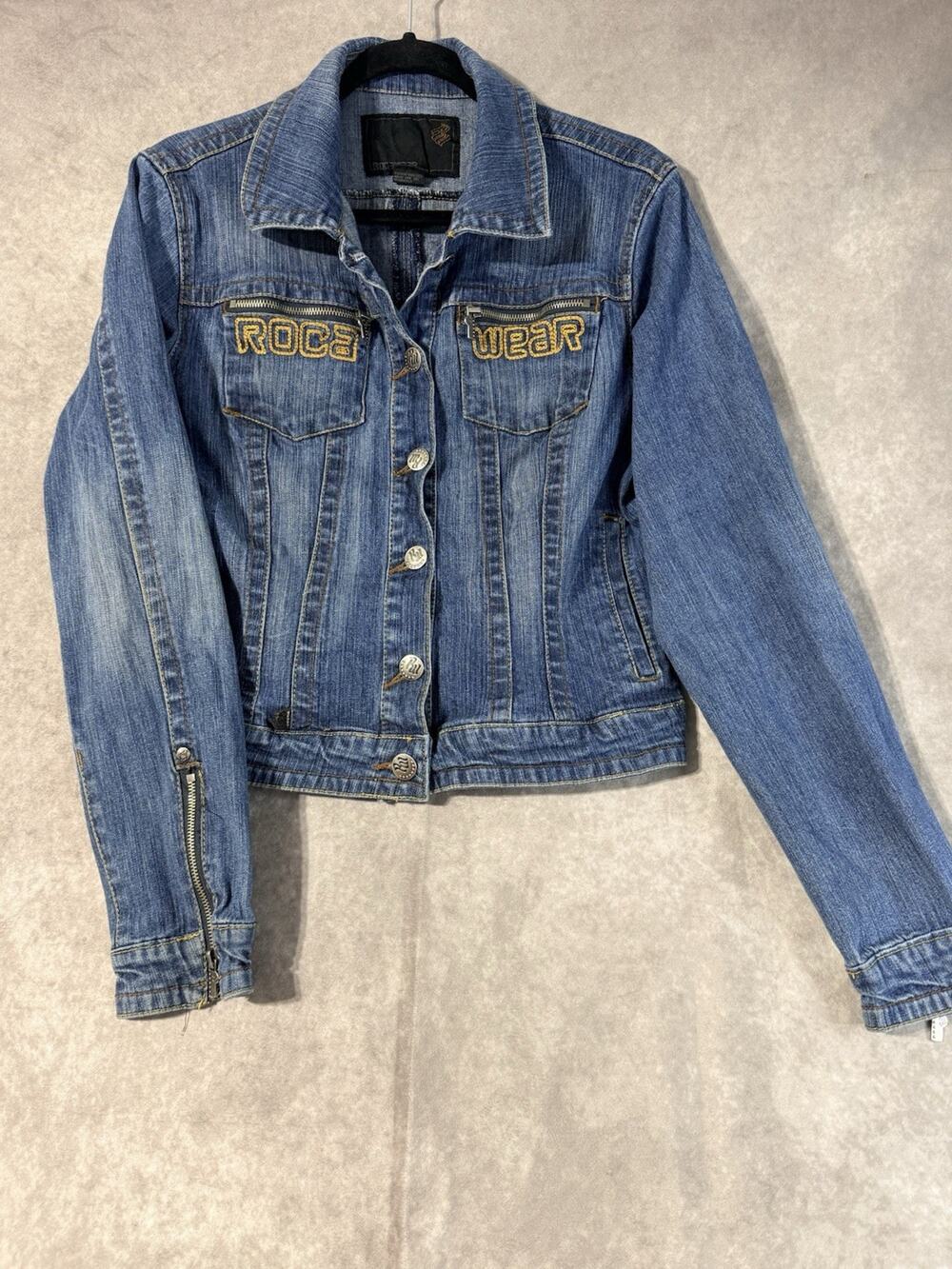 Rocka Wear Women’s Size Large Jean Jacket Button Up Zip Sleeve Zip Pockets